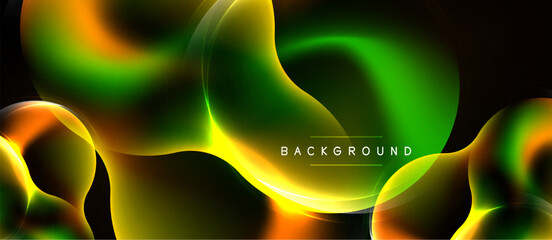 Naklejka premium Abstract fluid shapes, vibrant colors blend. Dynamic composition creates modern background. Green, orange, yellow hues dominate dark space.