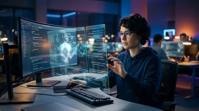 Young software engineer programming in dark office with holographic interface and dual curved computer monitors