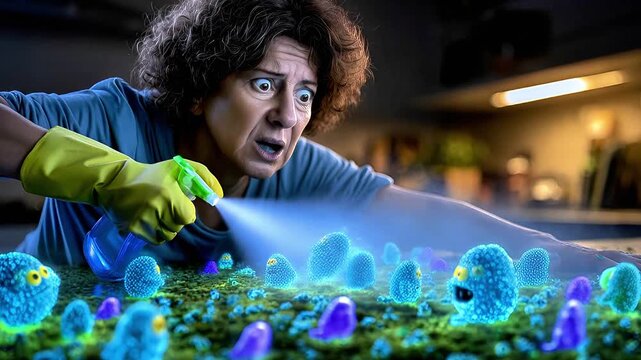 Shocked woman frantically spraying cleaner at glowing blue jelly monsters infesting her kitchen, funny chaotic scene of tiny creatures scattering and bouncing away