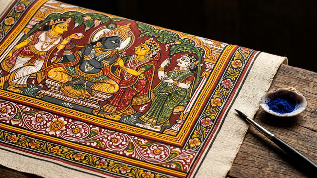 Pattachitra scroll painting Odisha macro with vivid flat colour deities floral border red black white yellow mineral pigments on black background