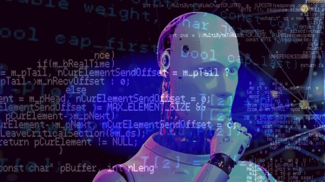 Thinking humanoid robot with glowing software programming source code.