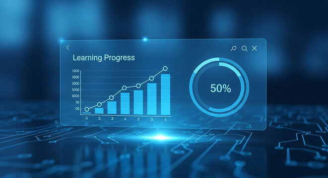 A futuristic digital graph and progress bar on a blue circuit board background showing learning progress with a bar chart and percentage