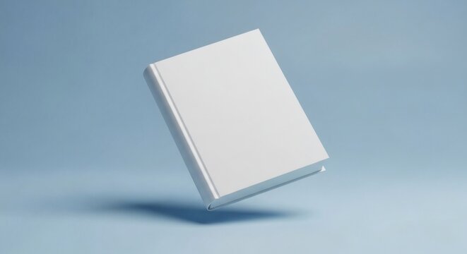 A blank white cover book floats gently in the air against a muted blue backdrop suggesting a concept for storytelling education or literature