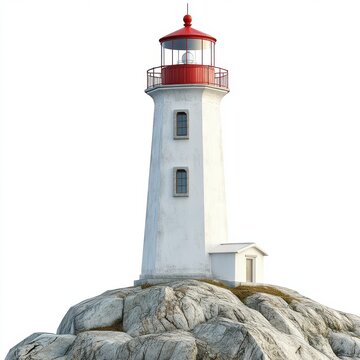 A lighthouse on a rocky outcrop isolated on white background