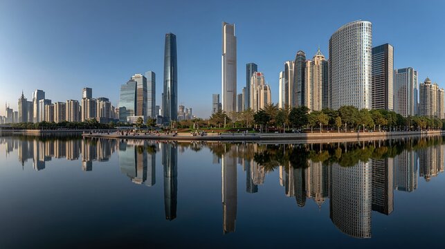 Panoramic Cityscape Reflection in Calm Water at Sunrise with Modern Skyscrapers