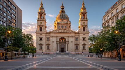 Obraz premium Majestic European Basilica Facade with Twin Towers and Dome, Bathed in Golden Hour Light, City Square Plaza