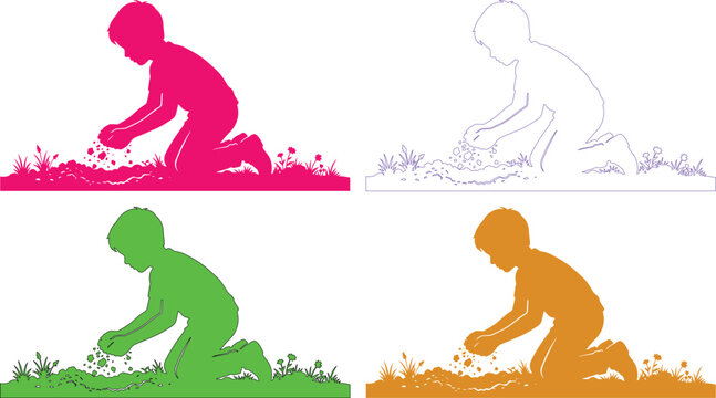 Child playing in garden, a vibrant vector silhouette collection of kids interacting with nature, perfect for early childhood education and outdoor activity designs isolated PNG with Transparent