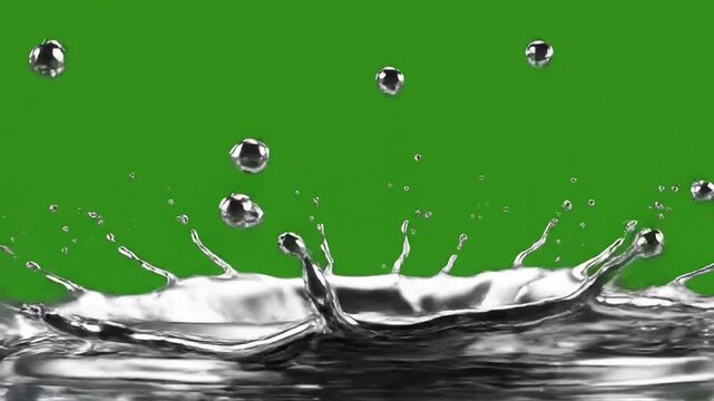 High-quality 3D render of a liquid silver metal splash crown on a green screen. Highly reflective chrome mercury fluid splashing with droplets and ripples.