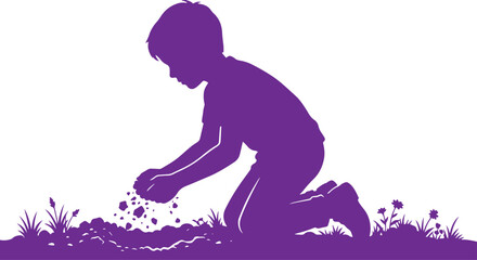 Fototapeta premium Child playing in garden, young boy silhouette kneeling and digging in dirt, kid exploring nature, vector illustration for childhood and outdoor activity isolated PNG with Transparent Background