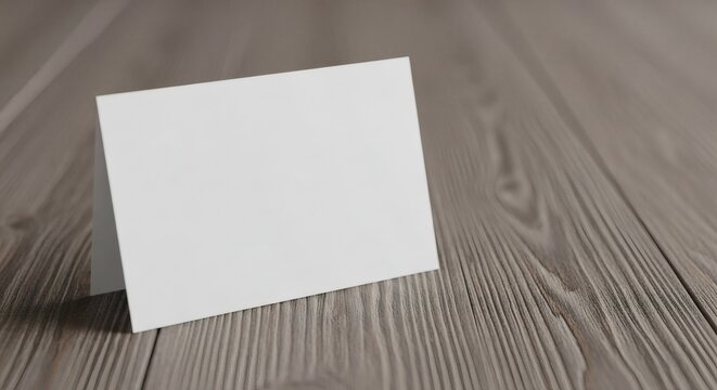 Blank card standing on wooden surface for writing messages