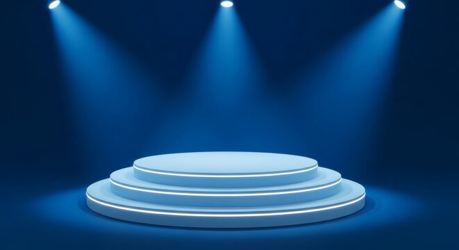 A circular three tiered platform stage illuminated by bright overhead spotlights creating a dramatic atmosphere for displaying premium products and winners in an exhibition space during festive