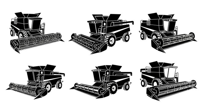 Combine Harvester Collection: Agricultural Machine Icons in Black and White