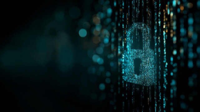 Digital Lock Symbol Surrounded by Binary Data Stream Cybersecurity Illustration