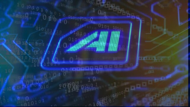 AI hologram logo on electronic circuit board with binary matrix data.