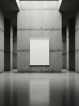 Minimalist brutalist architectural interior with blank white poster mockup on concrete wall