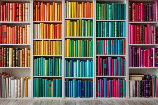 Vibrant Library Shelves Packed with Colorful Books Arranged by Rainbow Spectrum for Reading and Knowledge