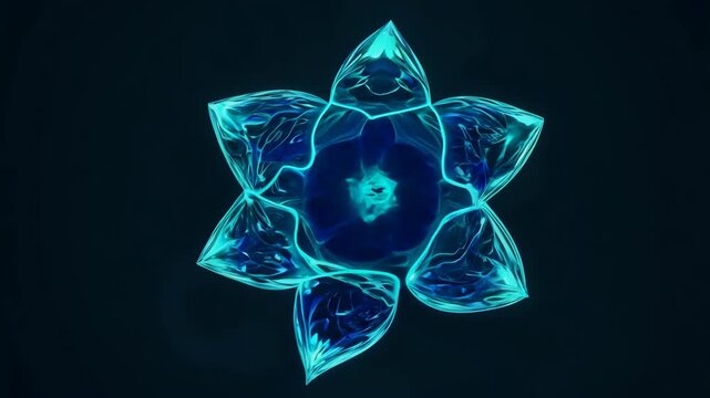 A glowing blue crystal with intricate abstract shapes and reflections in a dark futuristic setting. 4k Video footage.