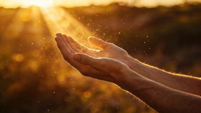 Human hands cupped together catching golden sunlight rays, magical glowing dust particles floating in air, warm summer sunset atmosphere, hope and dreams concept, spiritual