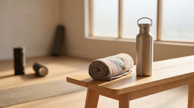 Lifestyle and wellness setup with yoga mat and water bottle on wooden table indoors
