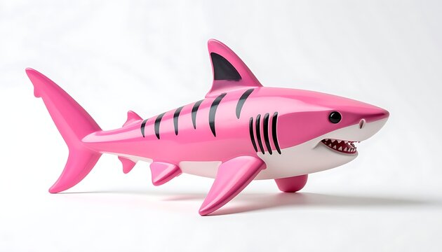 A pink toy shark with black stripes and white underbelly