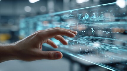 Fototapeta premium Close-up of a human hand interacting with a futuristic holographic digital interface displaying data and graphics