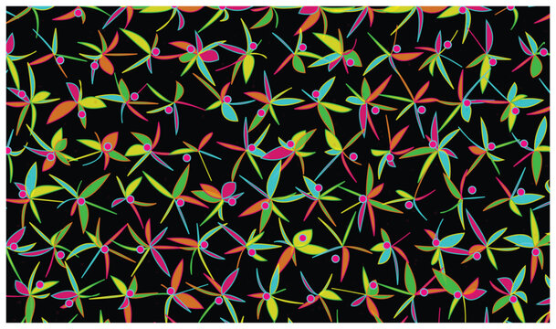 Dynamic leaf pattern with neon colored foliage and circular dots on black surface.