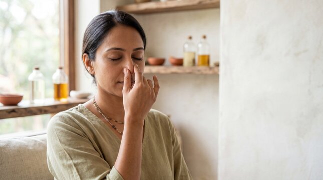Woman practicing alternate nostril breathing, a yogic breathing technique.