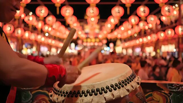 Man playing traditional Taiko drum at a Japanese festival. Glowing red lanterns and festive crowd in vibrant night background. Cultural heritage concept, ideal for travel and tourism.