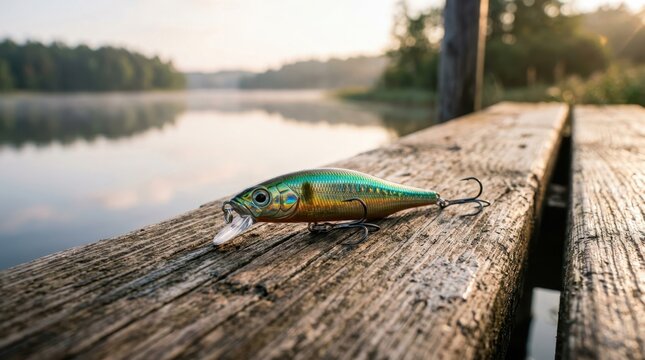 Fishing lure resting on a wooden pier at sunrise over a calm lake