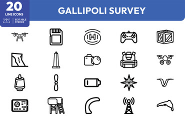 Fototapeta premium Gallipoli Survey icon set. Containing drone, camera, battery, signal, and more. Editable stroke. Vector illustration.