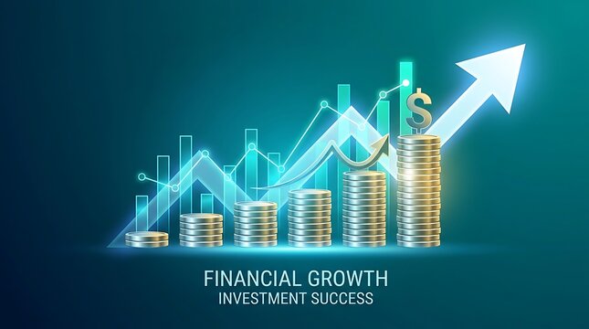 Financial growth and investment success concept with rising bar chart, glowing arrow and stacks of gold coins on a dark blue background