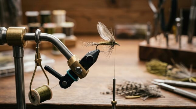 Fly tying process with a finished dry fly on a vise, featuring feathers, thread, and tools on a wooden workbench in a workshop setting