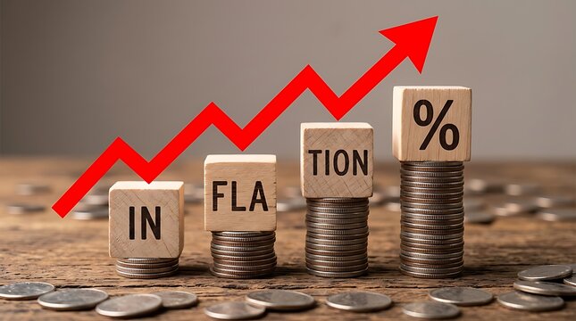 Inflation concept with wooden blocks on stacks of coins and a red rising arrow graph on a wooden table background