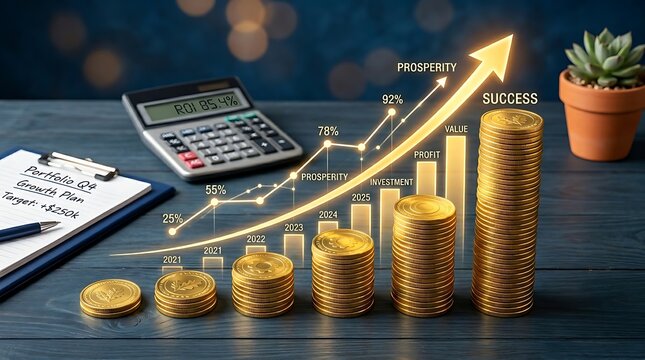 Financial growth concept with stacks of gold coins, calculator, and growth chart showing investment success and roi on a wooden desk