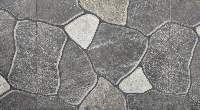 Grey stone tile texture background. Top view of outdoor paving flagstones pavement with irregular shapes.