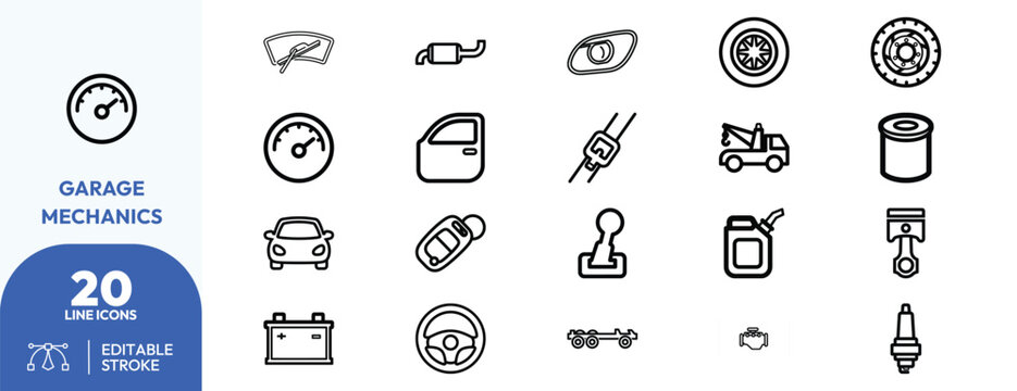 Garage Mechanics icon set. Containing tools, vehicles, gauges, and more. Editable stroke. Vector illustration.