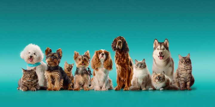 Diverse Group of Adorable Dogs and Cats Posed Together Against a Teal Background, Celebrating Pet Companionship