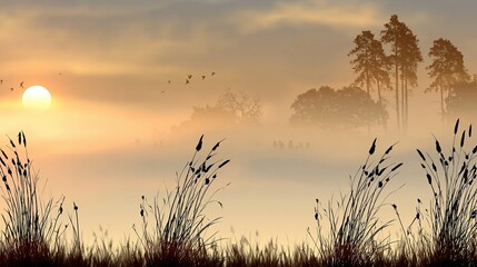 Fototapeta premium Misty Sunrise Over Rural Landscape with Silhouetted Trees and Tall Grasses