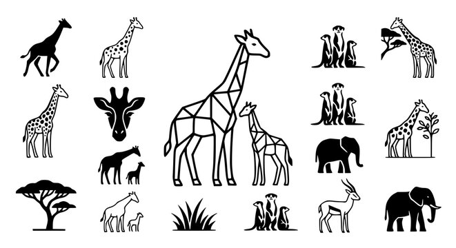 Creative giraffe vector icon set with savanna wildlife symbol illustrations