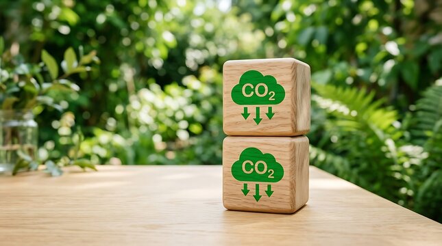 Wooden blocks with co2 reduction icon on nature background, concept of carbon footprint reduction, climate change and sustainable environment