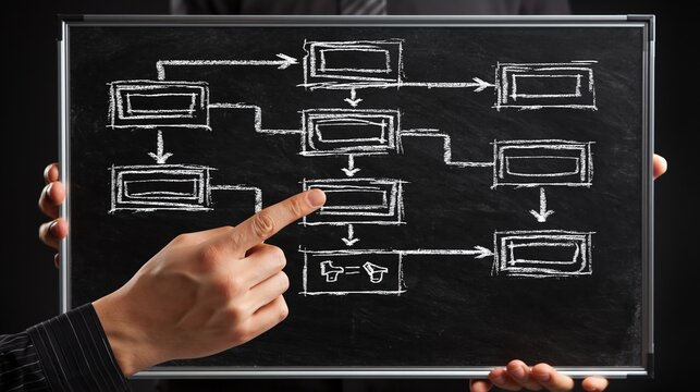 Hand pointing at flowchart diagram drawn on blackboard, illustrating business process and decision making