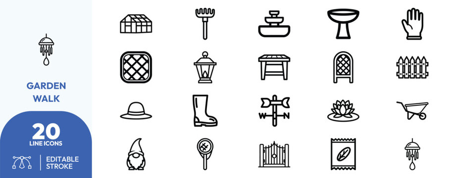 Garden Walk icon set. Containing gardening tools, decorations, plants, and more. Editable stroke. Vector illustration.