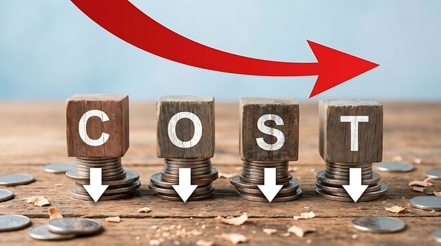 Wooden blocks with the word cost on stacks of coins with a red arrow pointing down, symbolizing cost reduction, financial savings, and business efficiency