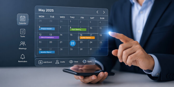A businessman interacting with a futuristic calendar interface on his smartphone