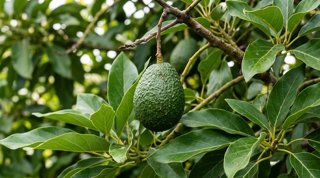 Green avocado fruit hanging on a tree branch with lush leaves