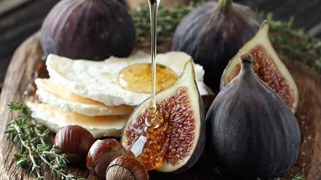 Sweet honey drizzles over fresh figs, cheese, and nuts on a rustic wooden board.