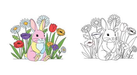 Obraz premium Cute Easter Bunny Rabbit with Spring Flowers Illustration and Coloring Page Set, Hand Drawn Floral Garden Scene with Daisies and Tulips for Kids Activity and Holiday Design, Vector Art