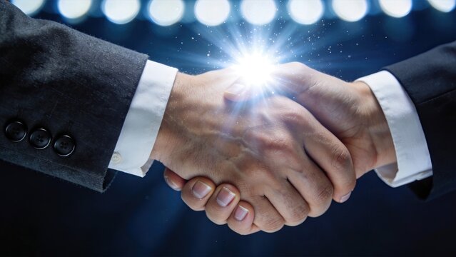Closeup of two businessmen shaking hands with bright glowing light flare effect between palms symbolizing successful deal agreement partnership collaboration trust and