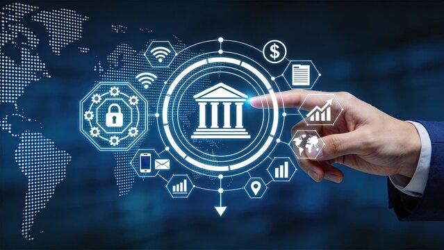 Digital banking interface with security lock and finance icons on touch screen, fintech mobile app concept, secure online payment system, global money transfer and data protection