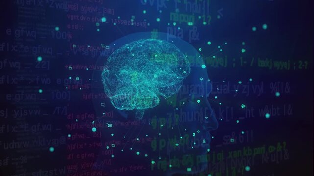 Digital brain neural network profile icon inside a human head silhouette.